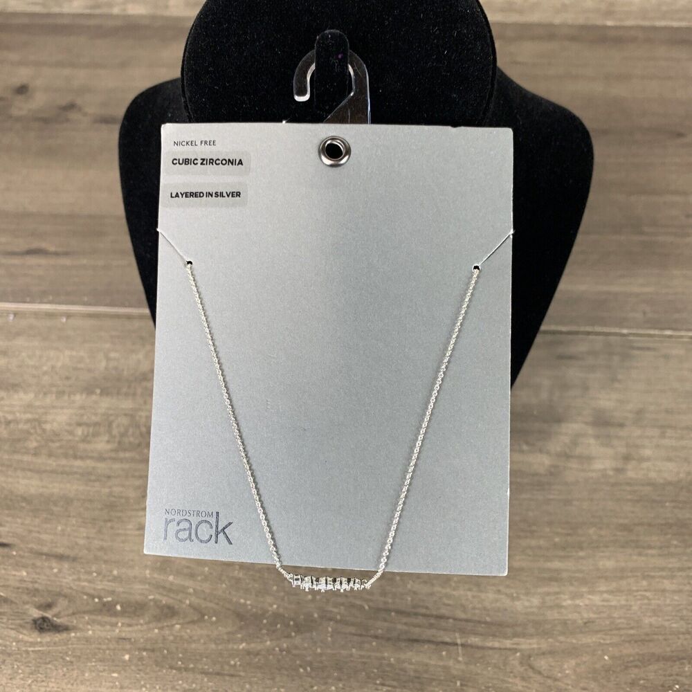 Nordstrom Rack Silver Tone Cubic Zirconia Curved Jewel Pendant Necklace Crystal